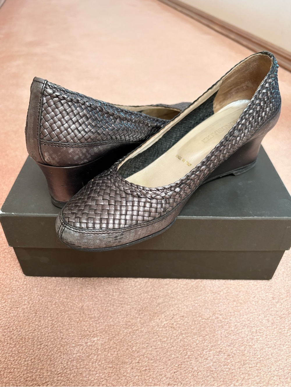 Bruno Magli Metallic Woven Leather Wedge Pumps in Brown